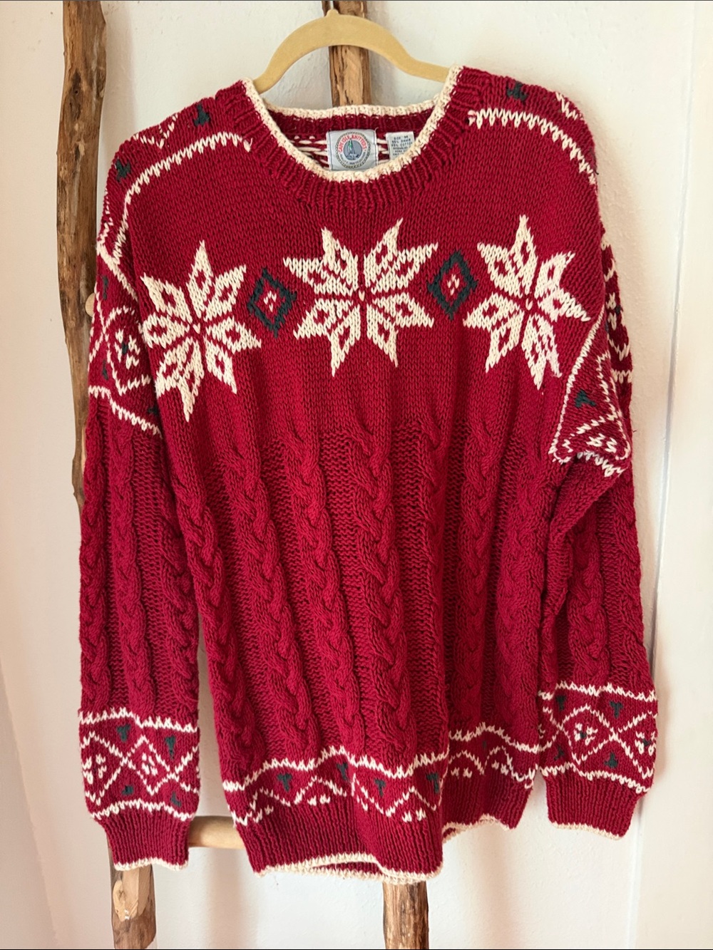 Vintage Hand Knit Red Nordic Cable Crewneck Cotton Blend Snowflake Sweater M